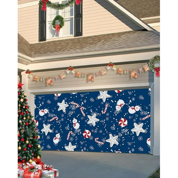 Christmas Garage Door Banner Cover 6 x 13 ft, Christmas Snowman Winter Snowflake Blue Christmas Garage Door Decorations Holiday Christmas Backdrop Decor for Winter New Year Xmas Party