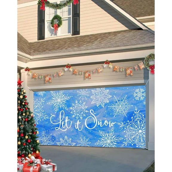 Christmas Garage Door Banner Cover 6 x 13 ft, Merry Christmas Winter Snowflake Blue Watercolor Style Garage Door Decorations Holiday Christmas Backdrop Decor for Winter New Year Party Photo