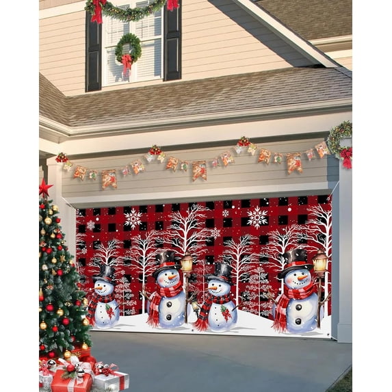 Christmas Garage Door Banner Cover 6 x 13 ft, Red Plaid Christmas Hat Snowman Christmas Garage Door Decorations Holiday Christmas Backdrop Decor for Winter New Year Xmas Party