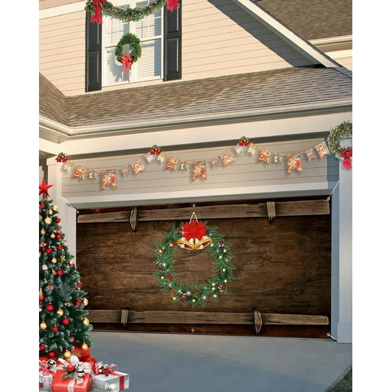 Christmas Garage Door Banner Cover 6 x 13 ft, Xmas Garland with Bell Christmas Garage Door Decorations Holiday Christmas Backdrop Decor for Winter New Year Xmas Party