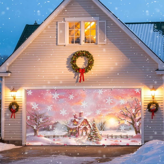 Christmas Garage Door Banner Covers, Candy House Pink Snow Scene Evergreen Snowflakes Large Hanging Indoor/Outdoor Backdrop Background for Christmas Winter Party Decor, 6.9x8 FT