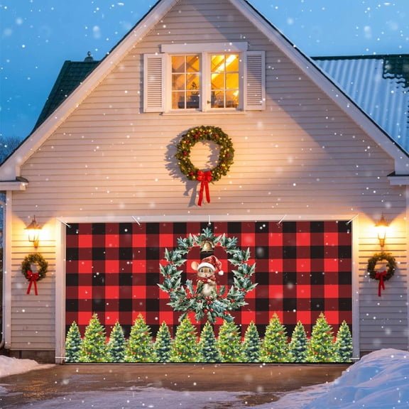 Christmas Garage Door Banner Covers, Cute Mouse Pine Tree Leaf Wreath Red Black Checkered Large Hanging Indoor/Outdoor Backdrop Background for Christmas Winter Party Decor, 6x13 FT