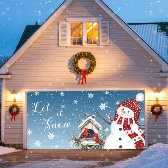 Christmas Garage Door Banner Covers, Red Hat Snowman Xmas Cardinal Bird House Blue Ombre Large Hanging Indoor/Outdoor Backdrop Background for Christmas Winter Party Decor, 6.9x8 FT