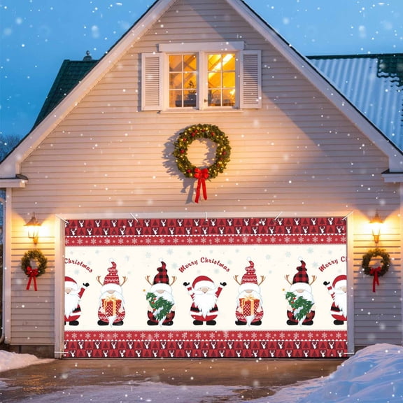 Christmas Garage Door Banner Covers, Red Santa Claus Xmas Gnome Snowflakes Beige Large Hanging Indoor/Outdoor Backdrop Background for Christmas Winter Party Decor, 6.9x8 FT