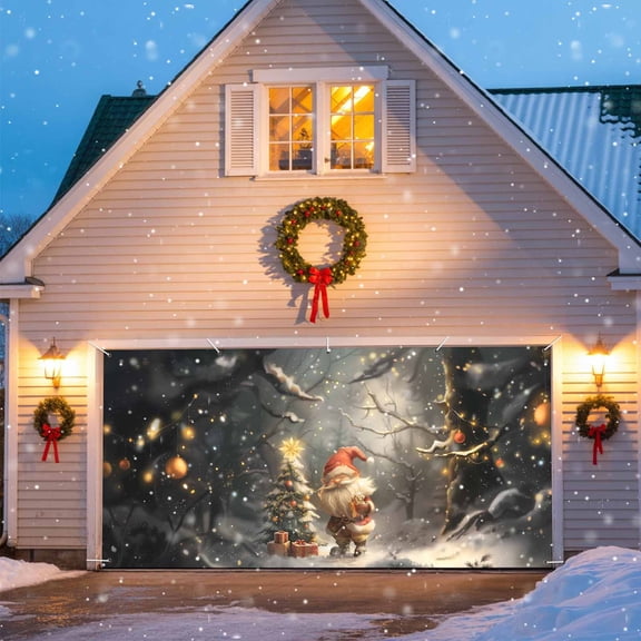 Christmas Garage Door Banner Covers, Santa's Elves Forest Snowfall Evergreen Large Hanging Indoor/Outdoor Backdrop Background for Christmas Winter Party Decor, 6x13 FT