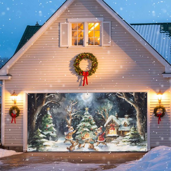 Christmas Garage Door Banner Covers, Snowflakes Evergreen Bonfire Fox Cartoon Large Hanging Indoor/Outdoor Backdrop Background for Christmas Winter Party Decor, 6x13 FT