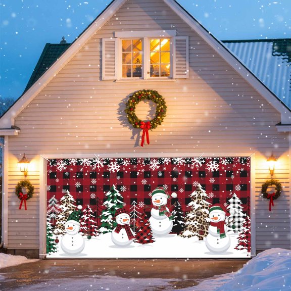 Christmas Garage Door Banner Covers, Snowman Checked Xmas Tree Snowflake Red Black Plaid Large Hanging Indoor/Outdoor Backdrop Background for Christmas Winter Party Decor, 6x13 FT