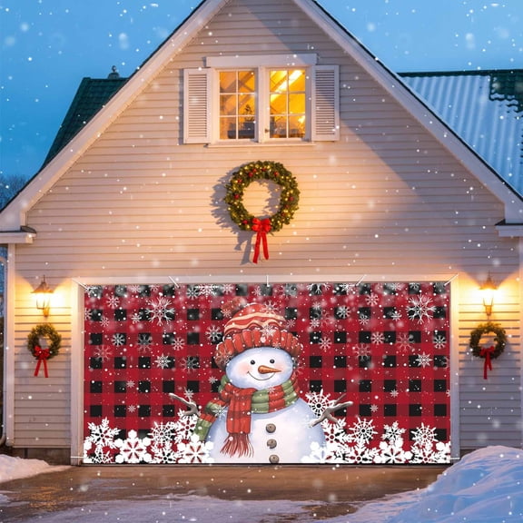 Christmas Garage Door Banner Covers, Snowman Xmas Black and Red Buffalo Plaid Large Hanging Indoor/Outdoor Backdrop Background for Christmas Winter Party Decor, 6x13 FT