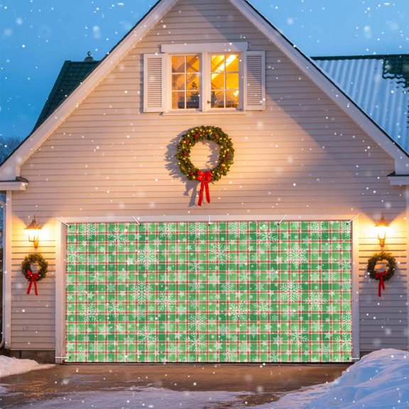 Christmas Garage Door Banner Covers, Star Winter Snowflakes Green Plaid Rustic Large Hanging Indoor/Outdoor Backdrop Background for Christmas Winter Party Decor, 6.9x8 FT
