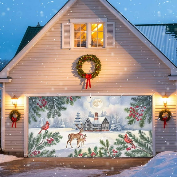 Christmas Garage Door Banner Covers, Vintage Winter Deer Woodhouses Forest Country Scene Large Hanging Indoor/Outdoor Backdrop Background for Christmas Winter Party Decor, 6x13 FT