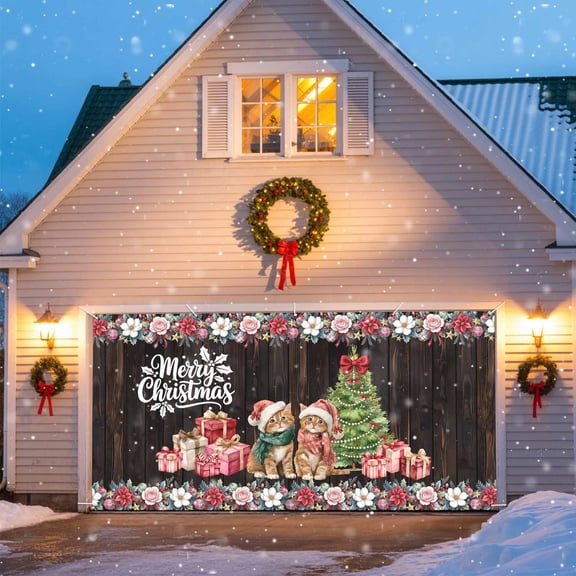 Christmas Garage Door Banner Covers, Winter Xmas Cats Trees Gifts Flowers Brown Woods Large Hanging Indoor/Outdoor Backdrop Background for Christmas Winter Party Decor, 6x13 FT