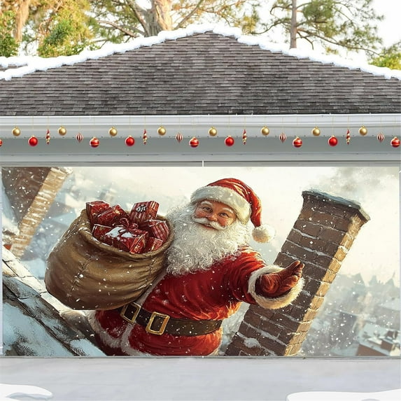 Christmas Garage Door Banner, Santa Claus Theme Large Garage Door Christmas Decorations Cover for Home Wall Yard Party