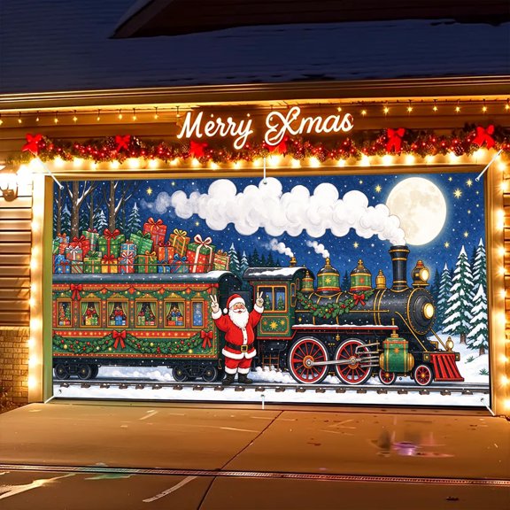 Christmas Garage Door Cover 6x13 FT, Realistic Moonlit Vintage Steam Train Scene Design Garage Door Banner, Outdoor Christmas Decor