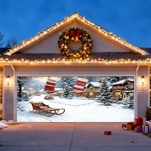 Christmas Garage Door Cover Banner Christmas Garage Door Decorations Snowman & Xmas Trees & Diverse Vehicle, Large Holiday Decorations Banner for Xmas Winter Party Outdoor Christmas Decor(82x188inch)