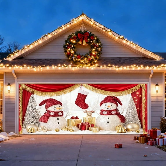 Christmas Garage Door Cover Banner Christmas Garage Door Decorations Snowman & Xmas Trees & Diverse Vehicle, Large Holiday Decorations Banner for Xmas Winter Party Outdoor Christmas Decor(82x188inch)