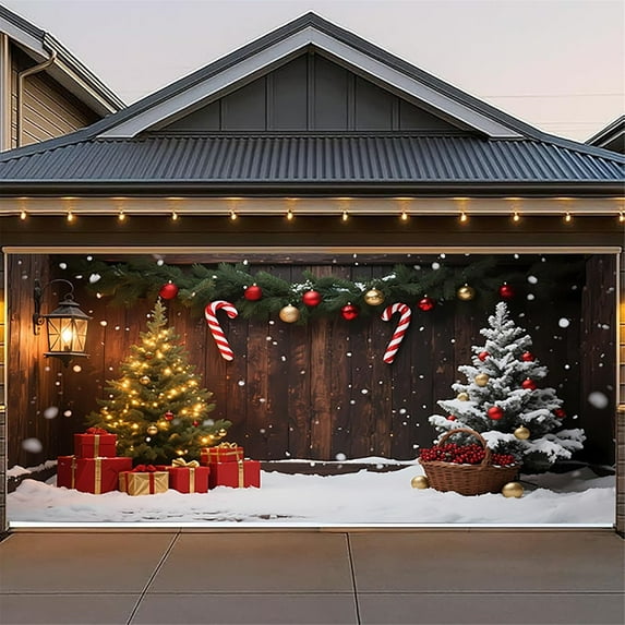Christmas Garage Door Cover Banner, Large Outdoor Hanging Backdrop Christmas Tree Theme Holiday Wall Decor for Garage