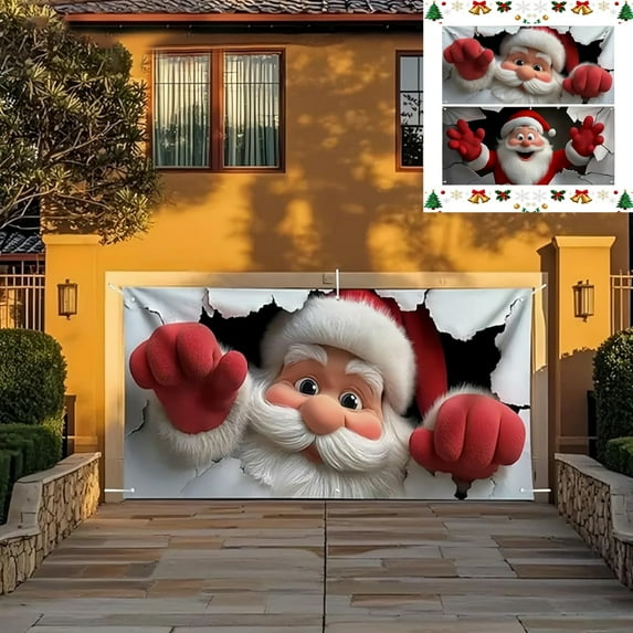 Christmas Garage Door Cover Christmas Banner, 7X16 Ft 3D Santa Claus Garage Door Christmas Cover,Easy Install Holiday Decor For Outdoor, Parties, Photo Booth & Street Festivals