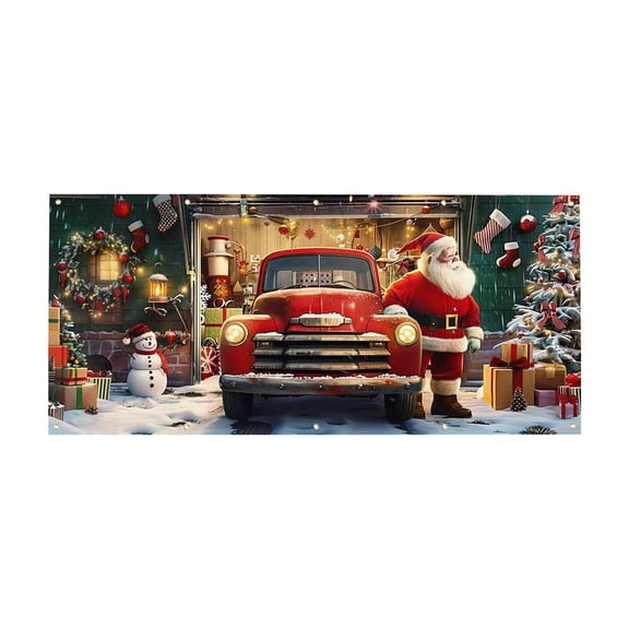 Christmas Garage Door Cover, Santa And Vintage Truck Holiday Banner, 488X213Cm, Outdoor And Indoor Decor