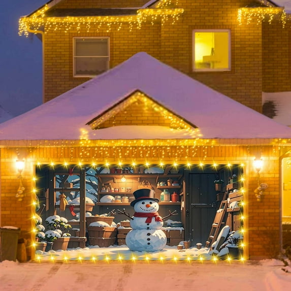 Christmas Garage Door Cover Snowman Decor Large Polyester Weatherproof Holiday Party Background with Rope Hooks(A)