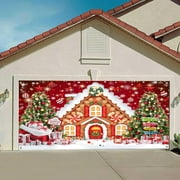 Christmas Garage Door Decoration Background Cartoon Xmas House Tree Gifts Red Background Party Decor Kids Children Birthday Photograph Backdrop Party Supplies Banner Cover 13X6FT
