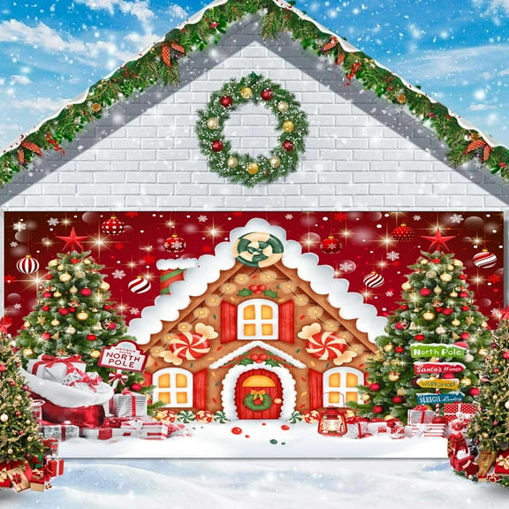 Christmas Garage Door Decoration Background Cartoon Xmas House Tree Gifts Red Background Party Decor Kids Children Birthday Photograph Backdrop Party Supplies Banner Cover,8X6FT