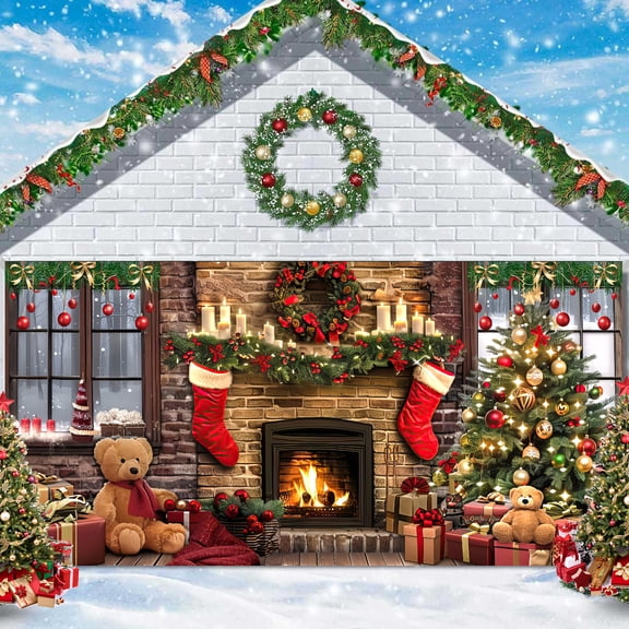 Christmas Garage Door Decoration Background Photography Winter Fireplace Xmas Tree Sock Wall Party Decor Merry Christmas Bear Backdrop Family Kids Holiday New Year Party Banner Cover,8X6FT