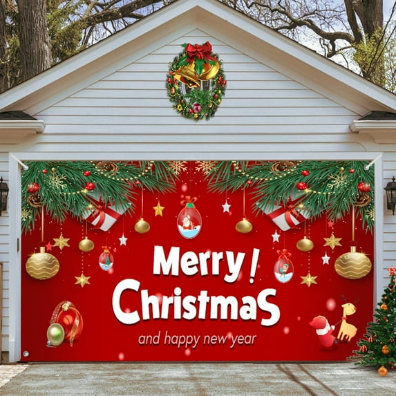 Christmas Garage Door Decoration Merry Christmas Garage Door Banner Cover Large Christmas Background Decoration Christmas Tree Outdoor Indoor Background Flags_ Banners & Accessories Easy To Use