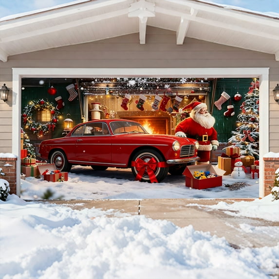 Christmas Garage Door Decorations 6x13ft Santa Red Truck Garage Door Cover Garage Door Banner Garage Door Backdrop for Christmas New Year Party