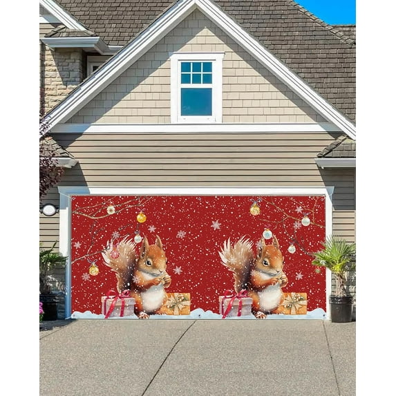 Christmas Garage Door Decorations Banner 6x13ft, Red Christmas Squirrel with Gifts Branch Ball Snowflake Garage Door Banner Cover Hanging Backdrop Xmas Decor for Indoor Outdoor Holiday Party