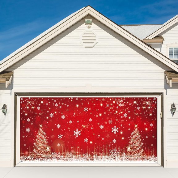 Christmas Garage Door Decorations Banner Large Red Xmas Garage Door Cover Backdrop Decoration Winter Christmas Tree Snowflake Background Party Supply Happy New Year 6 x 13 ft
