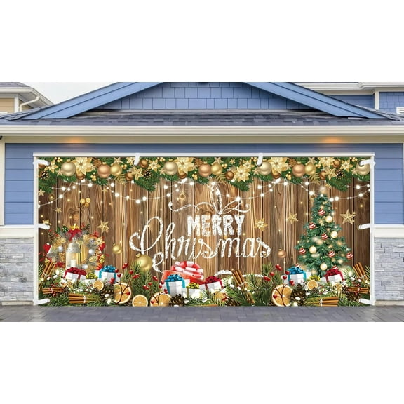 Christmas Garage Door Decorations, Merry Christmas Backdrop 6 x 13 ft Garage Door Banner Cover for Outdoor Indoor Home Nativity Wall Background,Merry Xmas/Brown