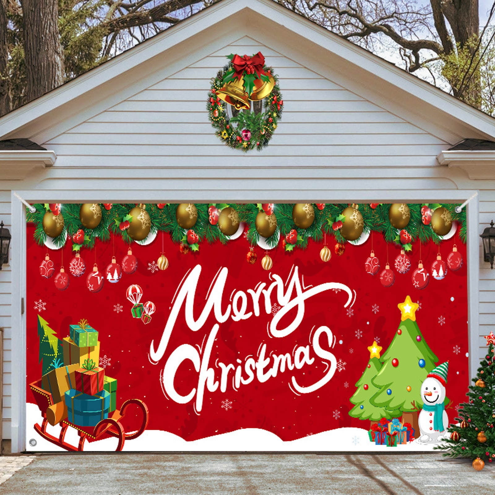 Christmas Garage Door Tapestry Home Background Wall Cloth Colorful Red