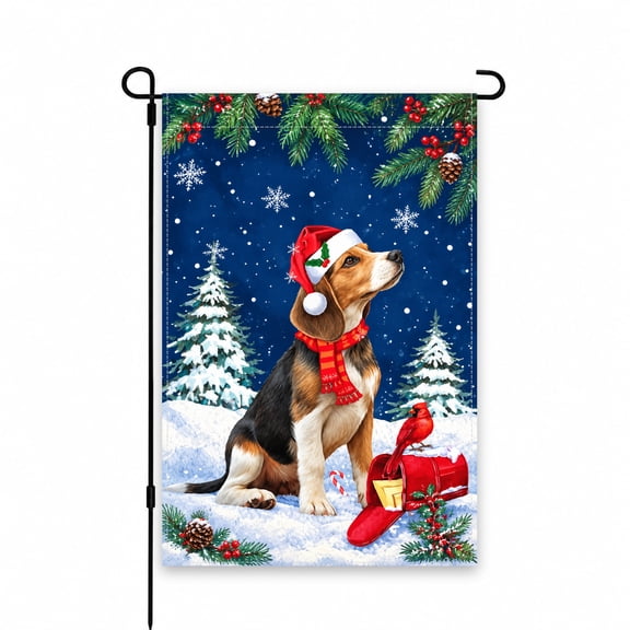 Christmas Garden Flag 12 x 18 Inch, Festive Dog Wearing Santa Hat and Scarf with Snowy Trees, Cardinal, Pine Branches and Red Blue Winter Scene for Yard Lawn Patio Porch Outdoor Decor