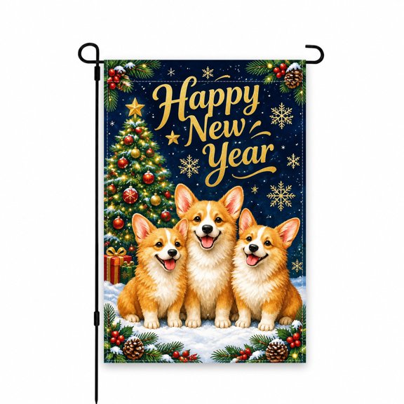 Christmas Garden Flag 12 x 18 Inch, Happy New Year Design with Golden Script, Snowflakes, Christmas Tree and Corgi Dogs, Blue Holiday Yard Flag for Lawn Patio Porch Outdoor Decor