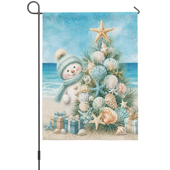 Christmas Garden Flag 12 x 18 Inches, Coastal Beach Seashell Christmas Tree Snowman Starfish Weather Proof Outdoor Patio Flags Double Sided Small Garden Decoration for Yard Outside Home