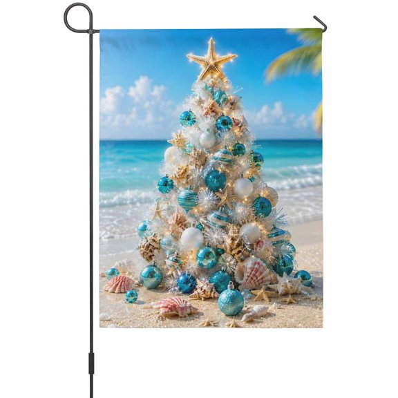 Christmas Garden Flag 12 x 18 Inches, Coastal Tropical Beach Starfish Seashell Christmas Tree Weather Proof Outdoor Patio Flags Double Sided Small Garden Decoration for Yard Outside Home
