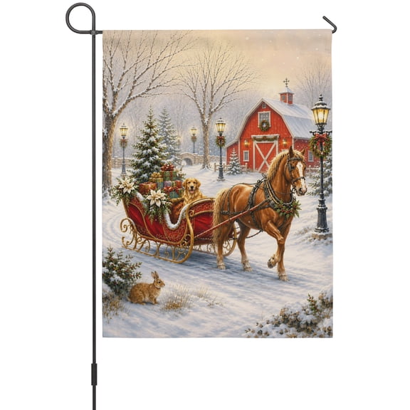 Christmas Garden Flag 12 x 18 Inches, Snowy Farm Landscape Horse Carriage Red Barn Xmas Tree Weather Proof Outdoor Patio Flags Double Sided Small Garden Decoration for Yard Outside Home