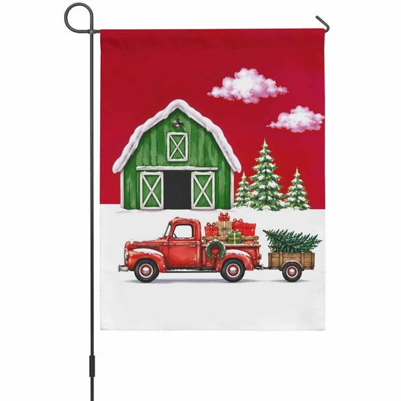 Christmas Garden Flag 12 x 18 Inches, Winter Green Farmhouse Red Truck Xmas Tree Wreath Cloud Weather Proof Outdoor Patio Flags Double Sided Small Garden Decoration for Yard Outside Home