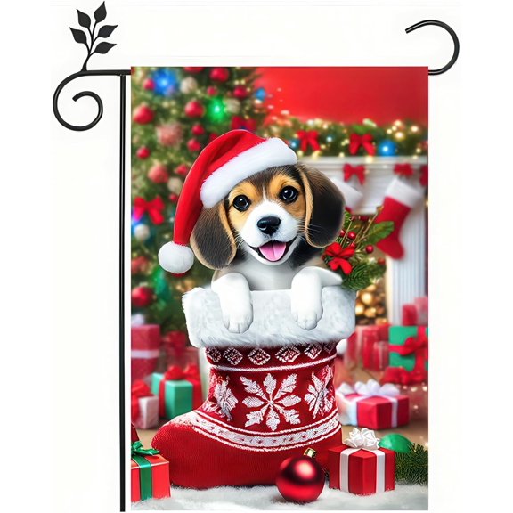 Christmas Garden Flag 12x18 Inch Double Sided Beagle Puppy Holiday Yard Flag Santa Hat Stocking Winter Outdoor Garden Flag for Lawn Patio Christmas Home Decoration