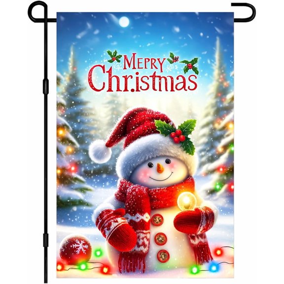 Christmas Garden Flag 12x18 Inch Double Sided Snowman with Red Scarf Gifts and Snowy Trees Outdoor Yard Flag for Outside Home Front Door Lawn Porch Patio Welcome Decor