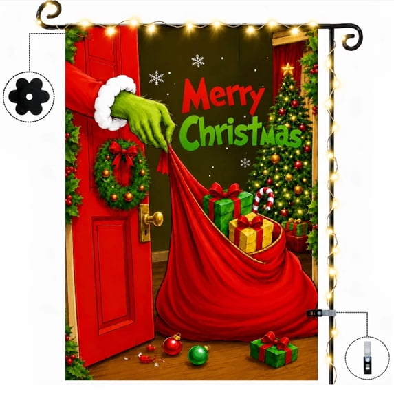 Christmas Garden Flag 12x18 Inch Double Sided Yard Flags Festive Waterproof Ornament Garden Flags for Outside Includes Free Anti Wind Clip,Stopper,Lights