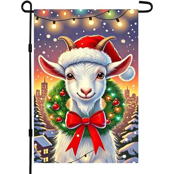 Christmas Garden Flag 12x18 Inch Goat in Santa Hat with Lighted Holiday Garland Double Sided Winter Farm Animal Outdoor Banner for Porch Lawn and Garden