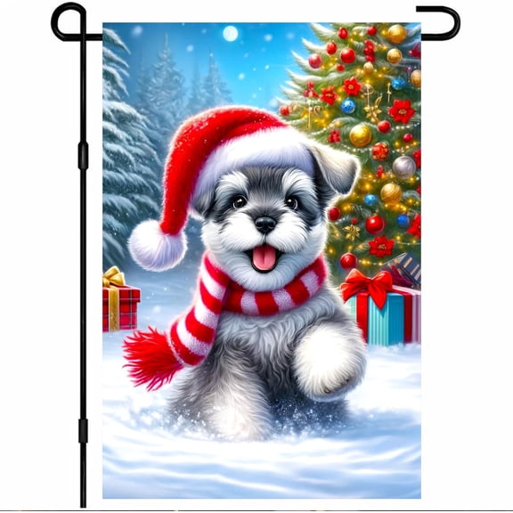 Christmas Garden Flag 12x18 Inch Merry Christmas Puppy Yard Flag Double Sided Holiday Outdoor Banner with Santa Hat Scarf and Gifts for Winter Porch Lawn Patio
