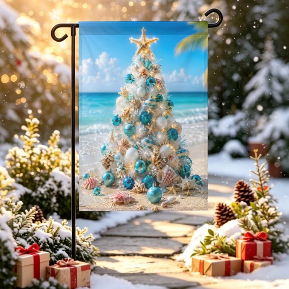 Christmas Garden Flag 12x18 inch Coastal Tropical Beach Starfish Seashell Christmas Tree Double Sided Small Decorative Garden Flags for Outside, Outdoor Yard Porch Lawn Decoration