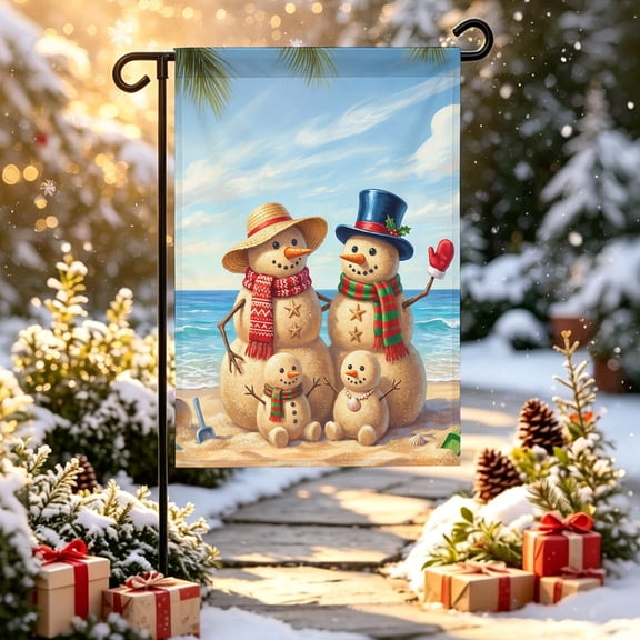 Christmas Garden Flag 12x18 inch Coastal Tropical Beige Beach Sand Snowman Ocean Double Sided Small Decorative Garden Flags for Outside, Outdoor Yard Porch Lawn Decoration