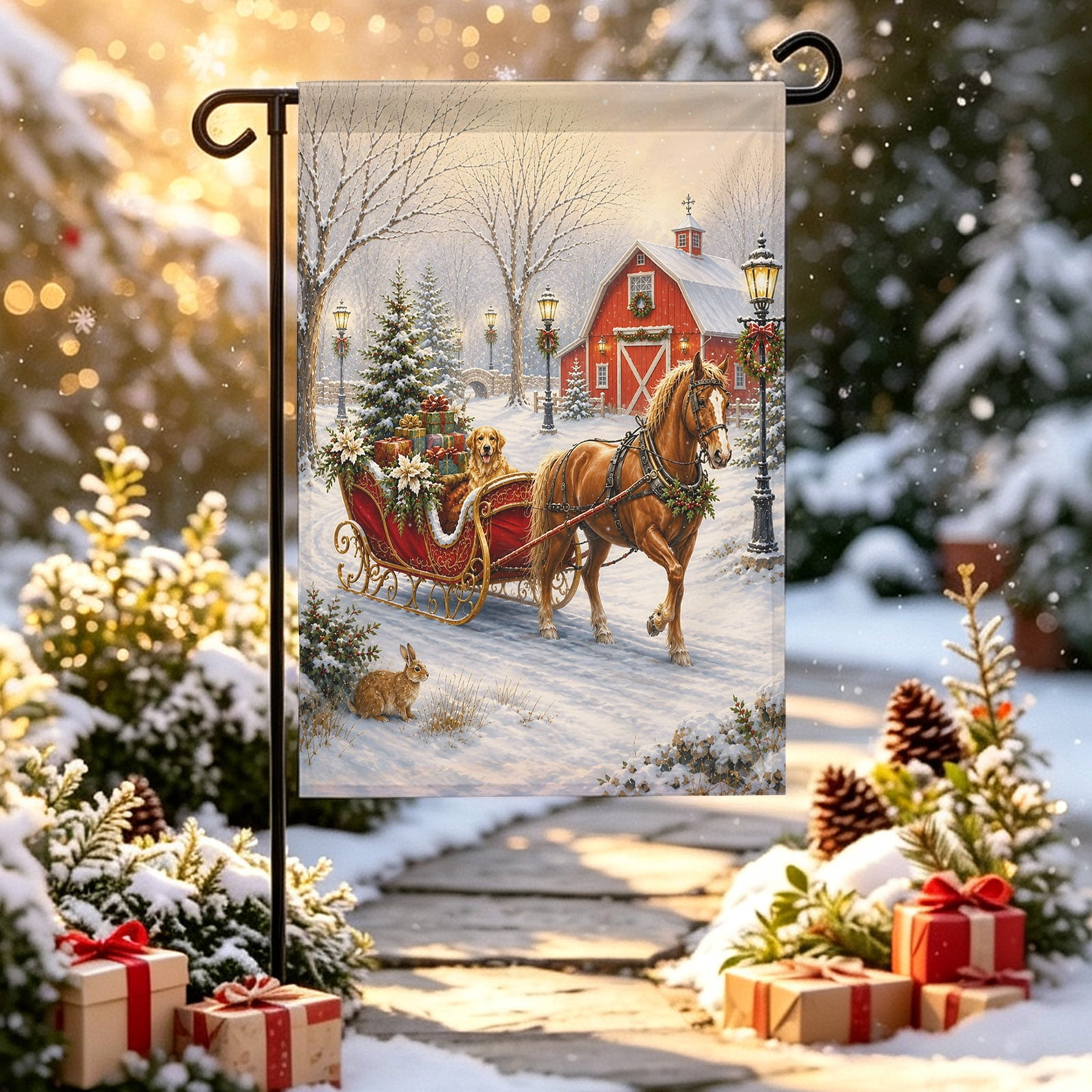 Christmas Garden Flag 12x18 inch Snowy Farm Landscape Horse Carriage ...