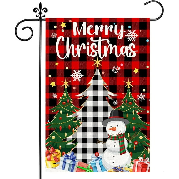 Christmas Garden Flag, Merry Christmas Flags 12.5x18 Double Sided, Christmas Tree Snowman with Buffalo Plaid Burlap Vertical Small Winter Yard Flag Holiday Decorations Signs for Home Outdoor Outside