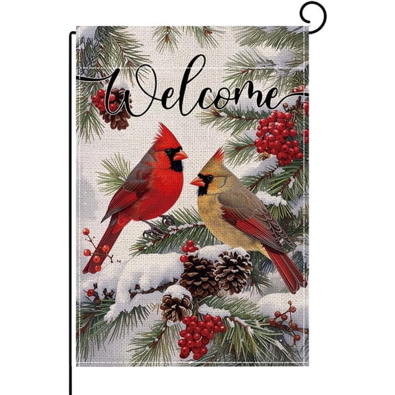 Christmas Garden Flag Red Cardinal Bird With Holly Berries Double Sided 12x18 Inch Winter Snow Outdoor Yard Decoration
