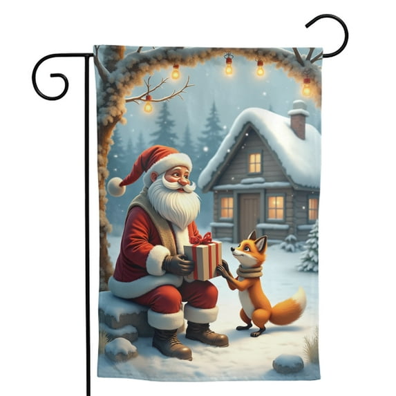 Christmas Garden Flag Santa Giving Gift to Fox Under Snowy Arch with Lights Double Sided Polyester Holiday Decoration for Yard Home 12x18 Inch Outdoor Winter Scene Banner