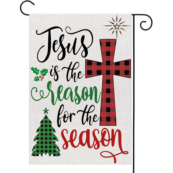 Christmas Garden Flag Vertical Double Sided Jesus is The Reason for The Season Burlap Winter Xmas Tree Cross Farmhouse Yard Flag Outdoor Decor 12.5 x 18 Inch